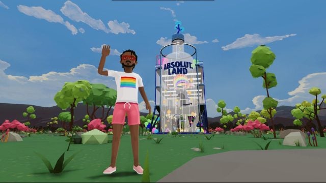 Building-sized Absolute Vodka bottle shown in metaverse landscape with a band waving in the foreground