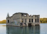 Dilapidated and abandoned building in a lake