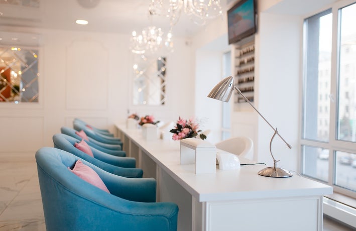 Beauty shop interior, professional manicure and pedicure service, nobody. Beautician salon, Cosmetologist studio