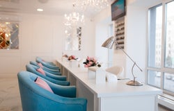 Beauty shop interior, professional manicure and pedicure service, nobody. Beautician salon, Cosmetologist studio