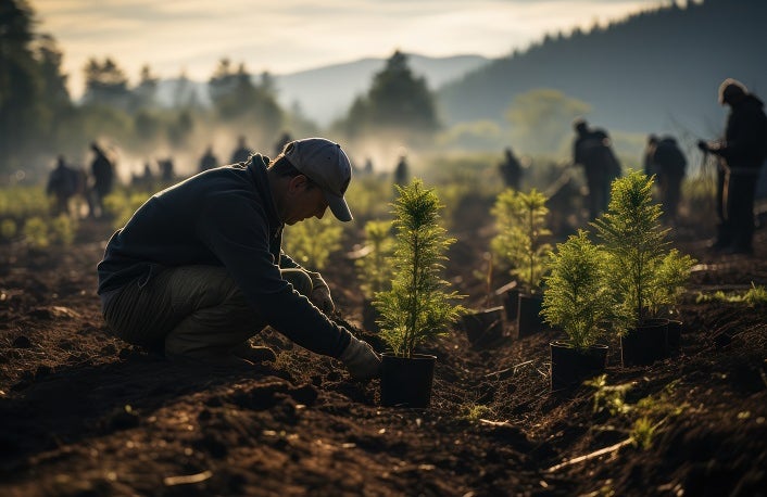 Reforestation Efforts. Volunteers planting trees in a deforested area, symbolizing the commitment to sustainable climate practices.