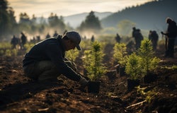 Reforestation Efforts. Volunteers planting trees in a deforested area, symbolizing the commitment to sustainable climate practices.