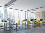 Empty city view office with yellow chairs